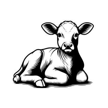 Resting Calf Line Drawing Black and White Minimalist Animal Illustration