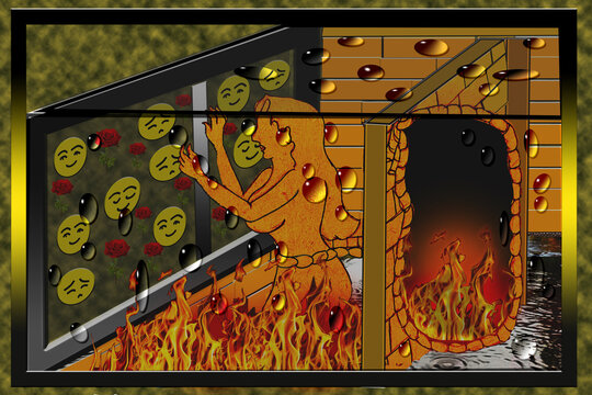 The suffocation . it is a beautiful theme work done by illustration. here a lady is is pretending to be happy to her social emojis while she has started burned already.