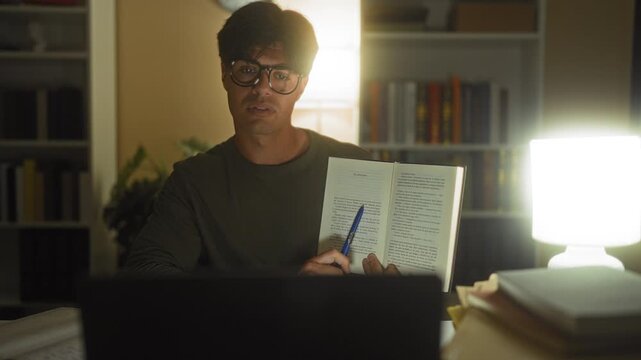 Man wearing glasses holding open book and points pen to page at desk with laptop lamp and stacked books in building; late night concentration.