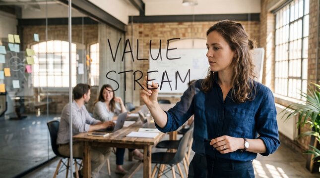 Young businesswoman writes value stream on glass wall during team meeting in office