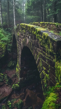Stone bridge covered in thick green moss spans a small forest creek surrounded by dense woodland foliage.