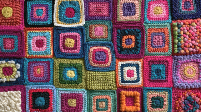 Full frame background pattern texture of beautiful colorful handmade knitted wool crochet granny squares with distinct shapes intricate stitches unique creative design vibrant colors and soft yarn