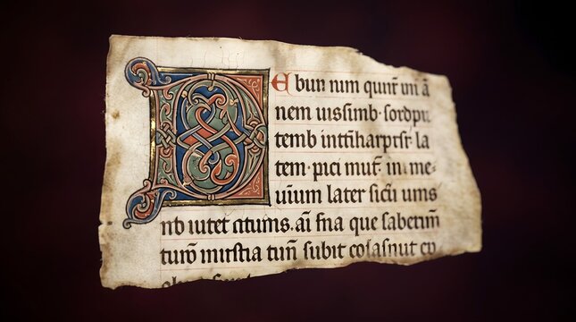 Ancient medieval parchment paper with illuminated letter and handwritten calligraphy text