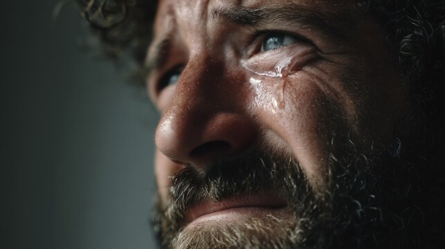 Man experiencing profound sorrow, shedding tears of grief and pain, expressing deep emotion, loss, and despair with strong empathy