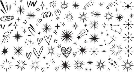 Star sparkle and celestial doodle icon set – hand drawn black and white glitter burst comet heart and shooting star elements isolated on white, for festive decoration scrapbooking and creative graphic © zain