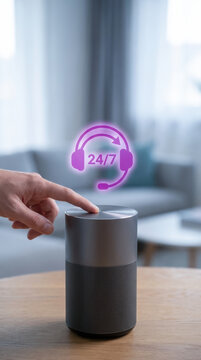 Customer value proposition concept with hand pressing smart speaker for 24/7 support enhancing customer experience and value proposition