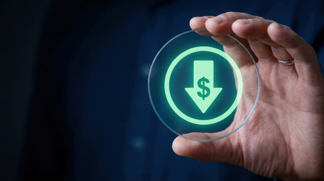 Customer value proposition concept with dollar sign and downward arrow symbol held by hand representing cost reduction and financial benefit