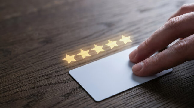Customer value proposition concept with hand holding blank card and five star rating symbol representing cvp quality