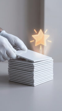 Customer wearing white gloves selects card from stack with glowing star symbol representing value and proposition for strong cvp