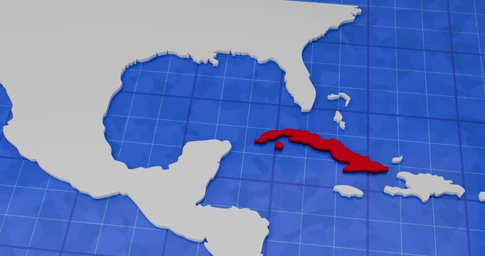 3d map animation zooming out to reveal Cuba highlighted in red on a blue stylized globe