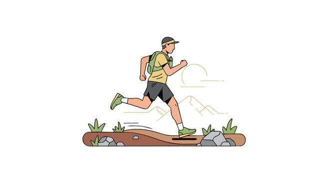 Athletic Man Running on Mountain Trail with Hydration Pack for Outdoor Adventure and Healthy Lifestyle Illustration