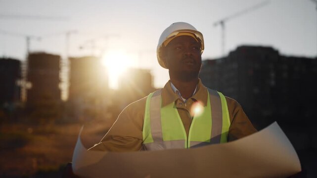 Builder viewing architecture project on paper and comparing with new building. Portrait of professional foreman or architect in construction site, modern technology and innovation, building mall