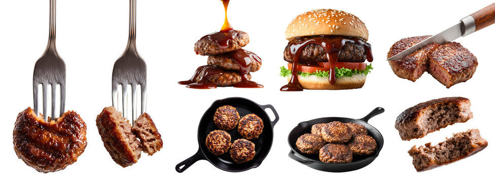 Set of round meat patty patties, barbecue bbq grilled ground beef pork veggie vegan, sliced bitten, knife fork, skillet frying pan, burger with dripping sauce, transparent cutout PNG mockup