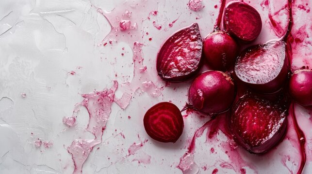 Juicy sliced beets with juice splatters on a light gray background.