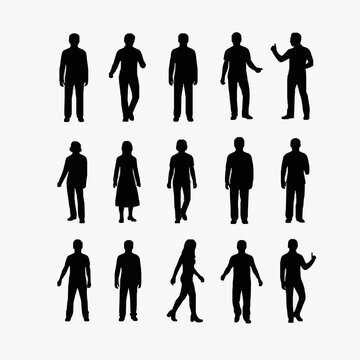 Professional Set of 15 Black and White Silhouette Figures in Various Poses and Attire for Design Presentation or Use