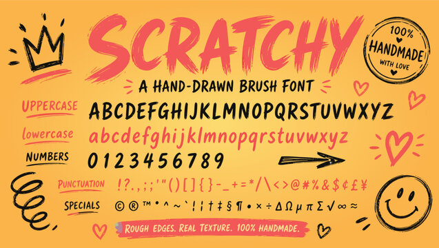 Handdrawn brush font alphabet with uppercase lowercase numbers punctuation symbols and decorative elements
