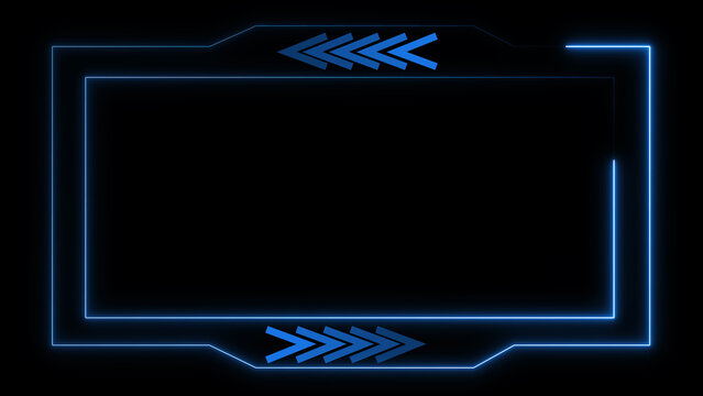 Blue neon rectangular frame with arrow corner accents on black. Tech border layout. Still graphic for software user interface and graphic design templates.