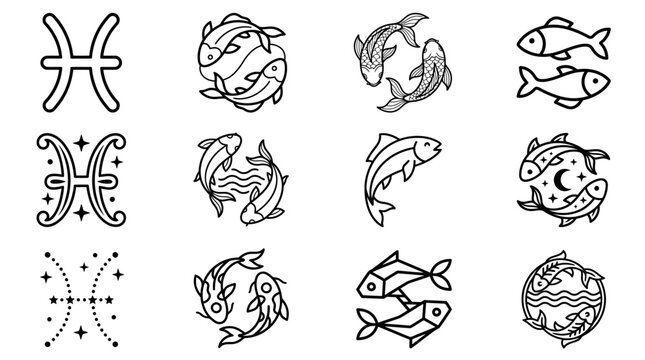 Pisces Zodiac Sign Collection: Astrology Symbols and Fish Illustrations