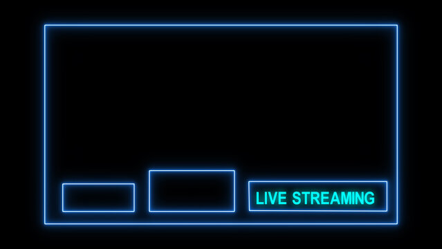 Blue neon live streaming overlay frame border on black. Social media broadcast layout. Still graphic for video streaming interface and web cam templates.