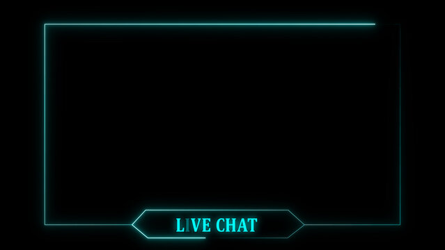 Cyan neon live chat overlay frame border on black. Social media broadcast layout. Still graphic for streaming interface and online messaging templates.