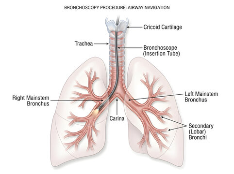Bronchoscopy procedure airway navigation diagram isolated on white background