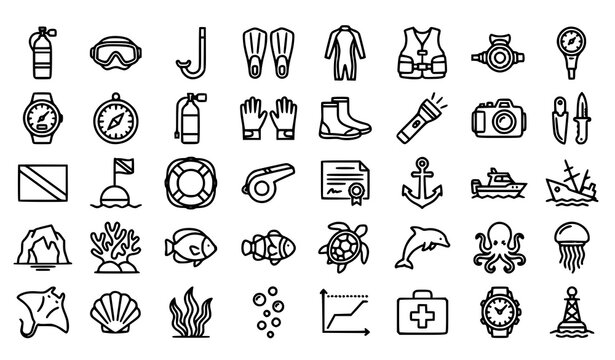 Scuba Diving and Snorkeling featuring 30 unique Pongal festival outline icons arranged in a perfectly al Icons Set with Diving Equipment, Marine Life, Safety Gear and Editable Stroke Vector Collection