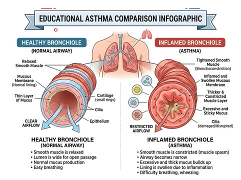 Healthy vs inflamed bronchiole asthma comparison infographic isolated on white background