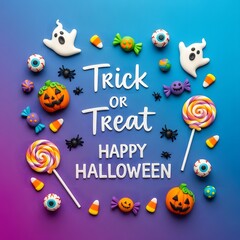 Fototapeta premium Happy halloween trick or treat colorful candy and spooky decorations