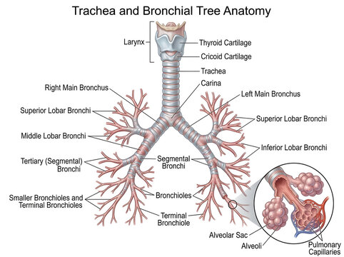 Human trachea and bronchial tree anatomy diagram isolated on white background