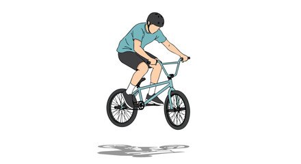 Obraz premium Young Man Doing Extreme BMX Bike Stunts Mid Air Jump Action Graphic Isolated On White For Sports Media