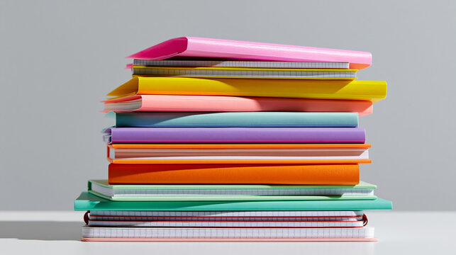 Stack of colorful notebooks or binders. the stack is made up of multiple books of different colors - pink, yellow, orange, green, blue, purple, and white.