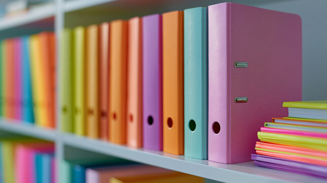 Bookshelf with a row of colorful binders on it. the binders are arranged in a neat and orderly manner, with each binder having a different color - pink, orange, yellow, green, blue, and purple.