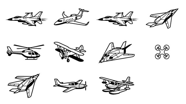 Airplane and Aviation Vector Icon Set Featuring Passenger Planes Fighter Jets Helicopters Gliders and Paper Airplanes in Black and White