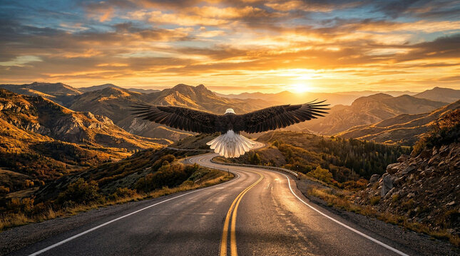 Eagle flying over desert highway road.