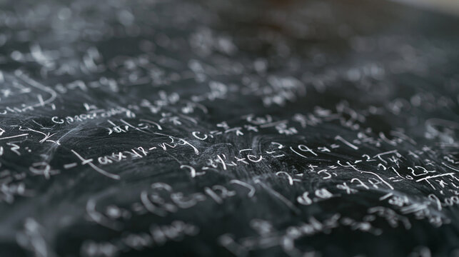 Close-up of a blackboard with various mathematical equations written on it in white chalk. the equations are written in a neat and organized manner, with some of them overlapping each other.
