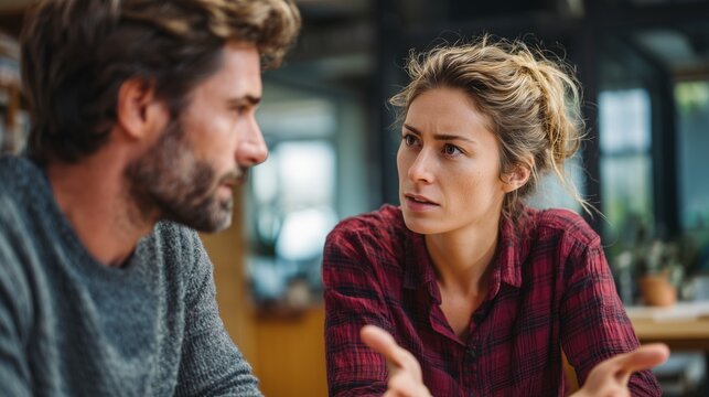 Couple having a serious discussion at home, woman expressing frustration and dissatisfaction during an intense conversation, facing relationship challenges and communication problems