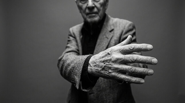 Elderly man with extended hand gesture.