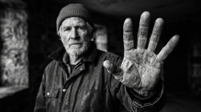 Elderly man with dirty hand raised.