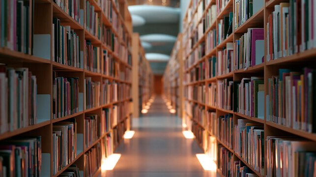Long row of bookshelves in a library. the shelves are filled with books of various sizes and colors, arranged in neat rows.