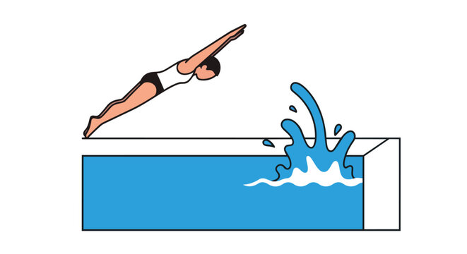 Sporty Woman Jumping From Diving Board Into A Swimming Pool Creating A Large Water Splash Graphic Illustration