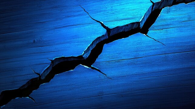 Deep fissure bisects a vibrant indigo surface.