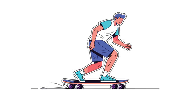 Active Skateboarder Boy Performing Stunts on Board with Minimalist Line Art and Vibrant Colors for Trendy Designs