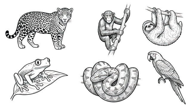 Vintage jungle animals vector set, hand drawn tropical wildlife illustrations, black and white exotic animal sketches for nature branding and education