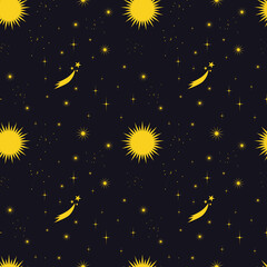 Naklejka premium Universe. A simple seamless pattern of yellow stars and a comet on a dark blue background.