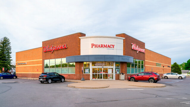 Herkimer, NY - May 22, 2026: Ultra-Wide exterior view of the Walgreens pharmacy storefront located at 201 North Prospect Street, Herkimer, NY 13350