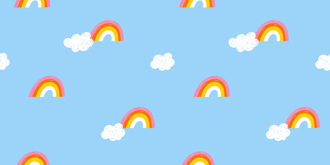 Obraz premium Seamless horizontal summer abstract pattern: rainbow with white clouds on blue background, sky; drawing, sketch, simple children's vector illustration, hand-drawn with brush in flat doodle style