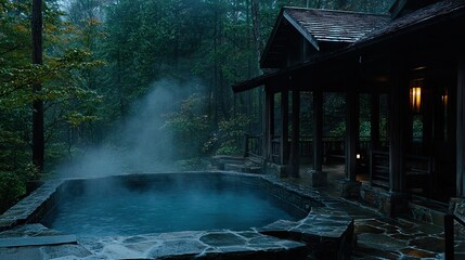 Fototapeta premium Misty hot spring nestled in a tranquil forest.