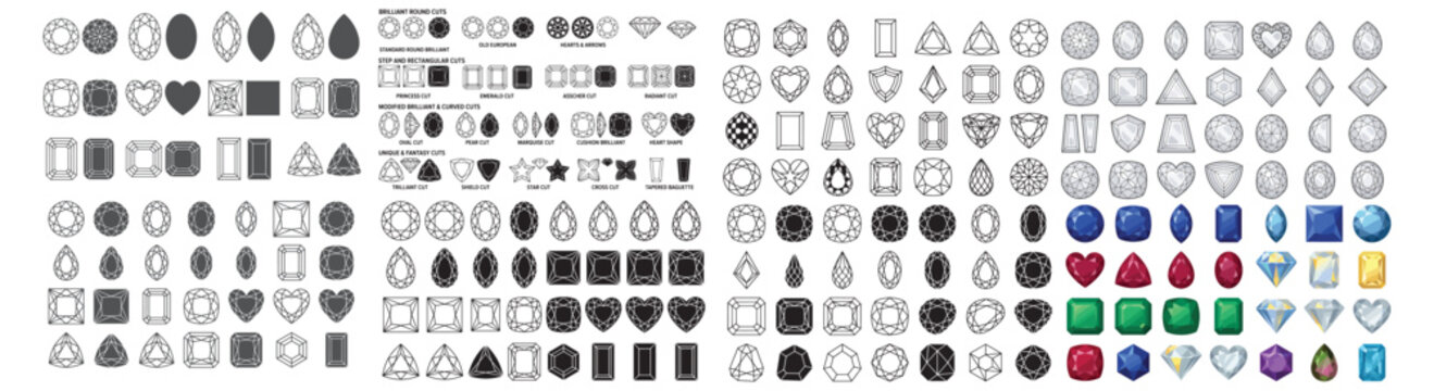 Gemstone and Diamond Shapes Icon Set &mdash; Vector Gem Cuts, Faceted Jewel Silhouettes and Color Variations