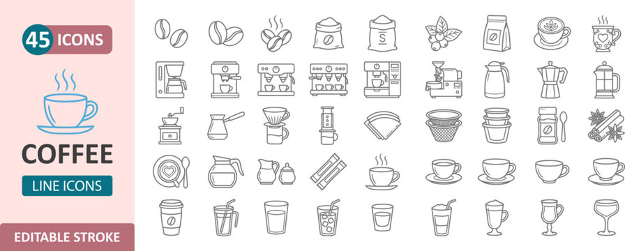 Set of 45 thin line coffee icons for cafe and beverage branding
