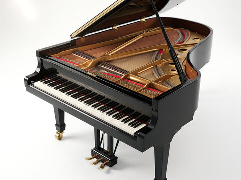 Photorealistic studio still life of a gleaming black baby grand piano with white keys and brass hardware on pure white background